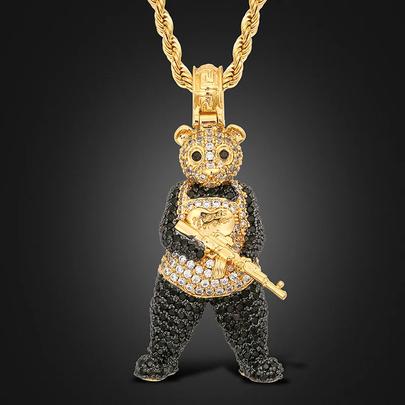 Iced Out Panda Men Gun Pendant Necklace for Men Women Gold Silver Zirconia Hip Hop Jewelry with 316 Stainless Steel Twist Chain 
Iced Out Panda Men Gun Pendant Necklace for Men Women Gold Silver Zirconia Hip Hop Jewelry with 316 Stainless Steel Twist Chain
