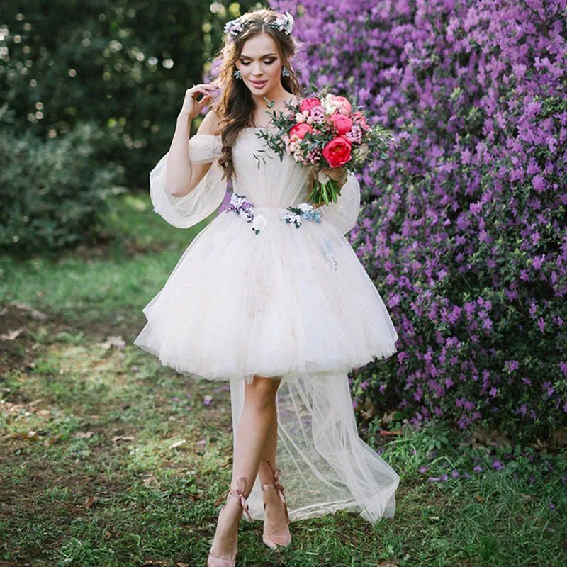 Свадебное платье без бретелек Короткое свадебное с пышными рукавами Bohomian 2020 |