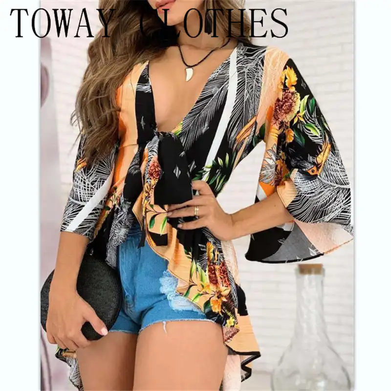 

Women Summer V-Neck Tropical Print Bell Sleeve Ruffles Knotted Front Top Vacation Sexy Chic Blouse