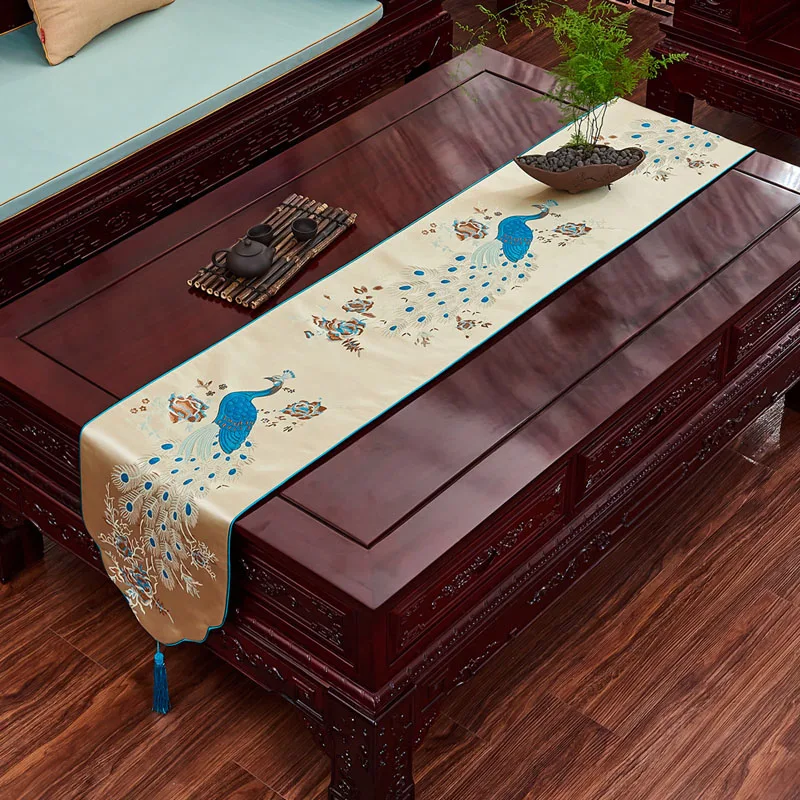 

Chinese Style Home Decoration Peacock Blue Coffee Table Flag Runner Porch Shoe Cabinet Table Runner Smooth Soft Table Runner