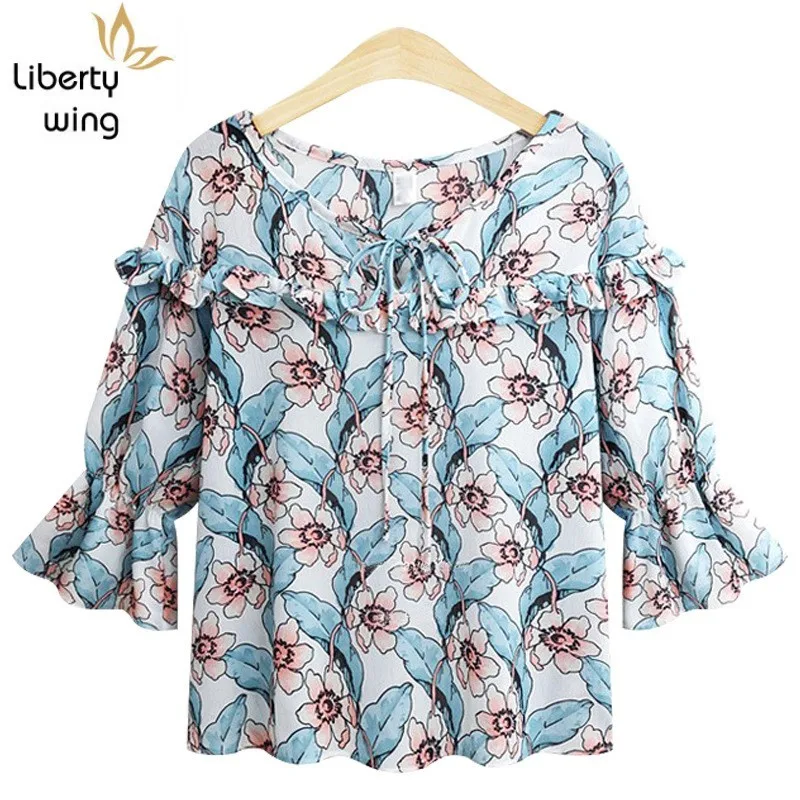 Фото Богемные шифоновые женские блузки с цветочным принтом топы оборками пляжные