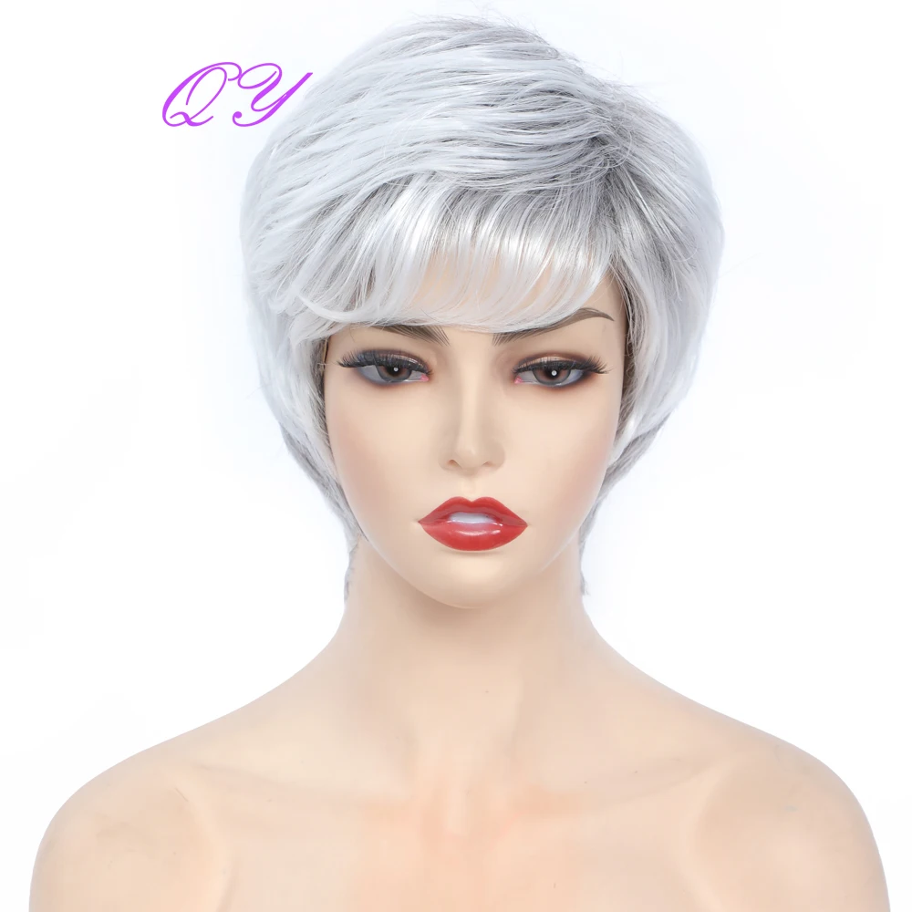 

Natural Synthetic Short Straight Woman Hair Wig Silver Ombre Gray Smooth Wigs for Women Natural Fashion Hair Style Headband Wigs