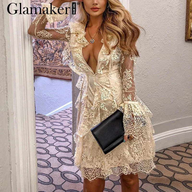 Glamaker Embroidery ruffles lace midi dress Women v neck sexy party autumn dress Elegant flare sleeve winter bodycon club dress 
Glamaker Embroidery ruffles lace midi dress Women v neck sexy party autumn dress Elegant flare sleeve winter bodycon club dress