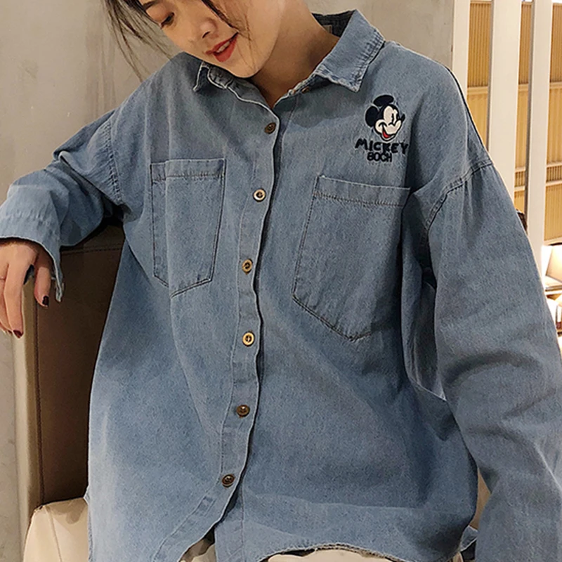 Spring Autumn Women Denim Shirt Lapel Long Sleeve Long Casual Top Minnie Applique Cartoon Shirts Female Outwear
Spring Autumn Women Denim Shirt Lapel Long Sleeve Long Casual Top Minnie Applique Cartoon Shirts Female Outwear