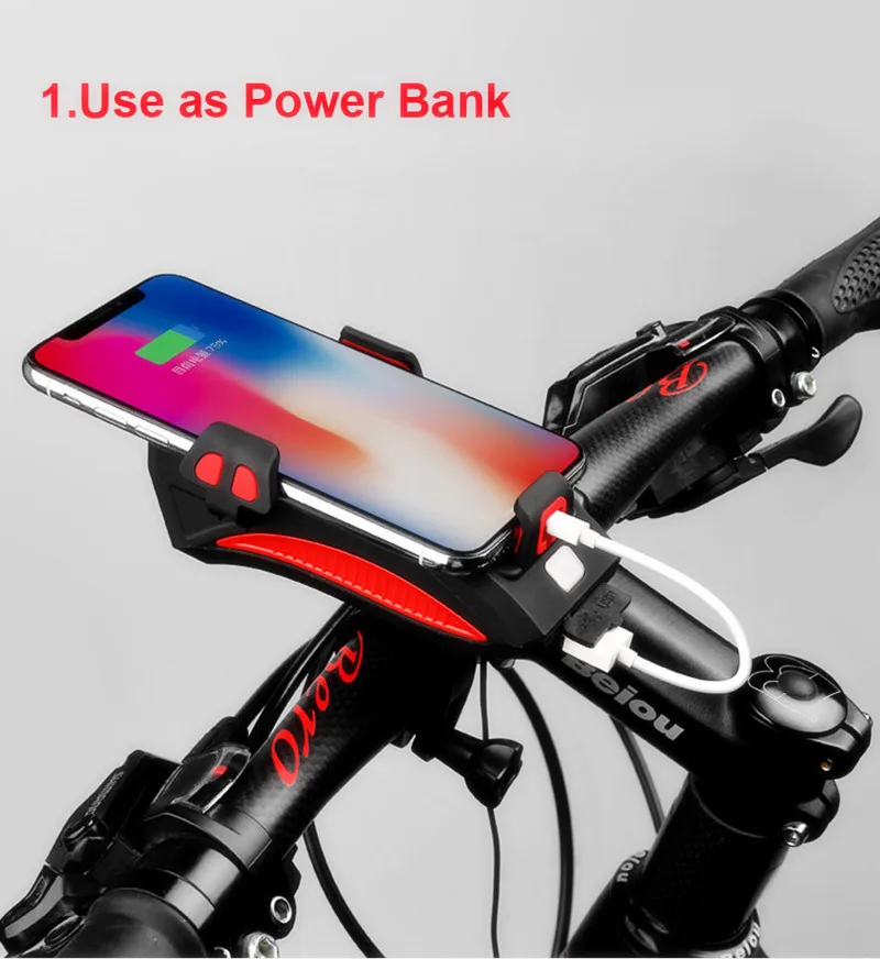 Perfect Waterproof Bicycle Front Lights 4 in1  Phone Holder Bike Horn USB Rechargeable Cycling  Flashlight With Power Bank Hiking tools 4