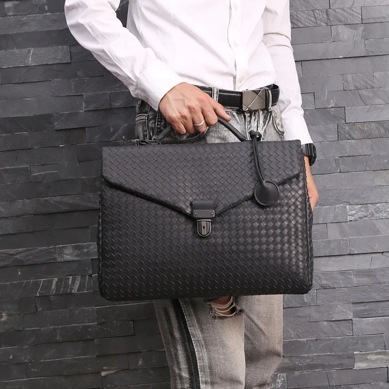 

Kaisiludi leather woven men's bag handbag business men's briefcase waxed cowhide postman bag computer shoulder slant span bag