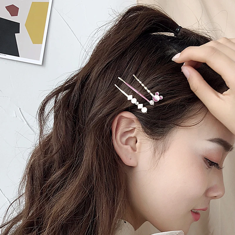 

M MISM 1set Imitation Pearls Hairpins Metal Geometric Hair Clips For Women/Girls Rhinestone Barrettes Hair Accessories Fashion