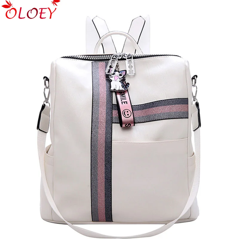 Bags for Women's2019 Daypacks Striped Casual Backpacks High Quality Leather Backpack Fashion Cute Pendant Girls Black School Bag | Багаж и