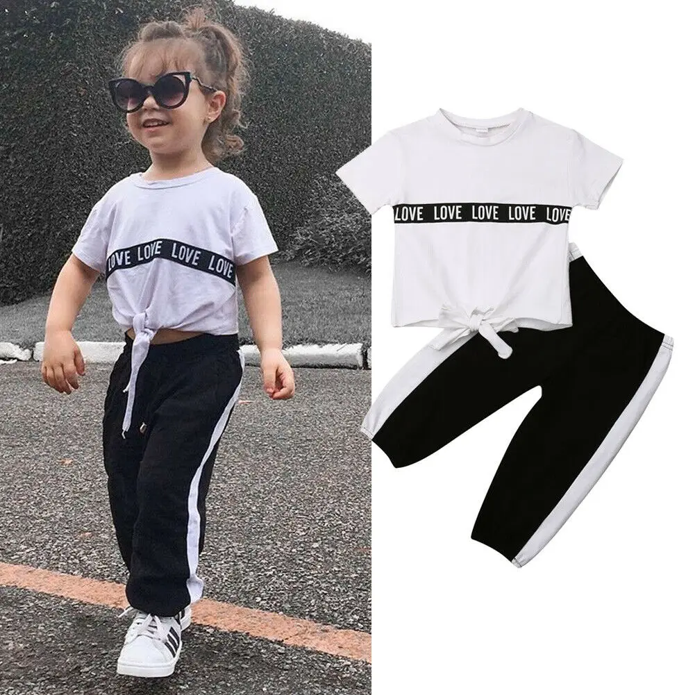 2PCS Toddler Baby Girl Summer Clothes Set Letter Short Sleeve T-shirt +Casual Leggings Pants Outfit Clothing Sets | Мать и ребенок
