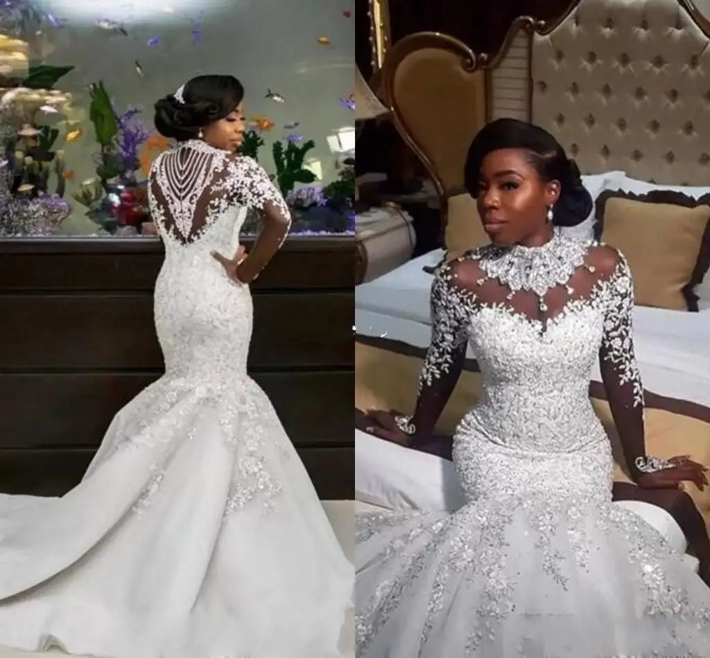 Mermaid Wedding Dresses Sheer Long Sleeve High Neck Crystal Beads Chapel Train African Arabic Bridal Gowns Plus Size Customized
Mermaid Wedding Dresses Sheer Long Sleeve High Neck Crystal Beads Chapel Train African Arabic Bridal Gowns Plus Size Customized