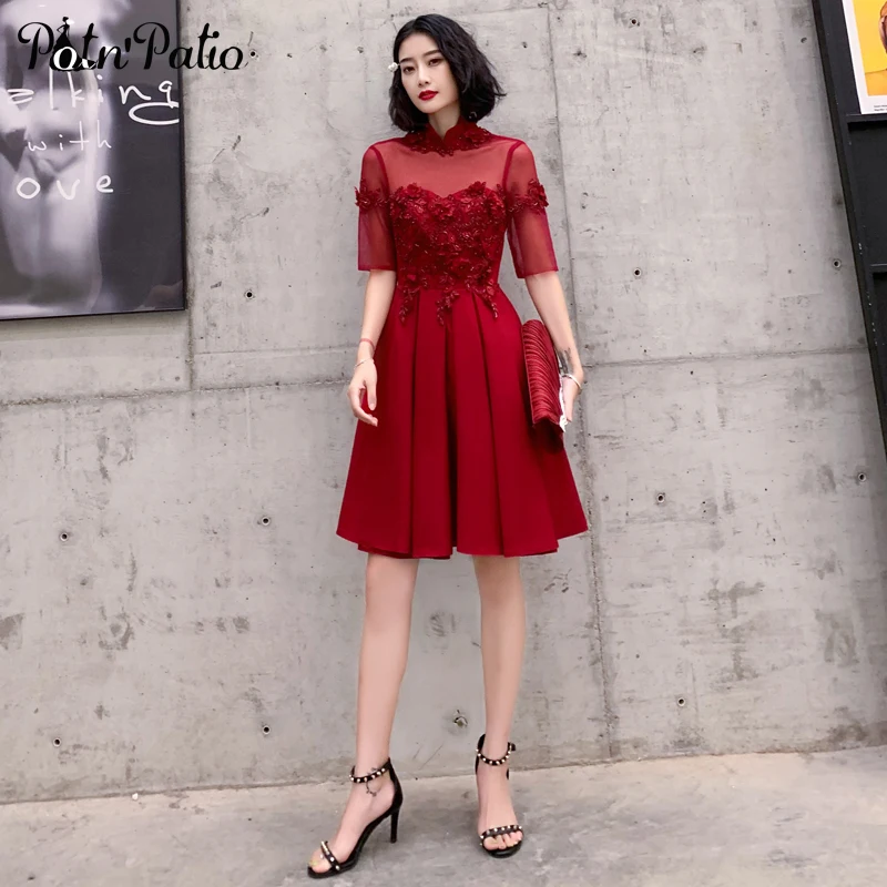 Beading Appliques Spandex Satin Short Evening Dresses Vintage High Neck A-line Wine Red Prom Dresses For Graduation Party
Beading Appliques Spandex Satin Short Evening Dresses Vintage High Neck A-line Wine Red Prom Dresses For Graduation Party