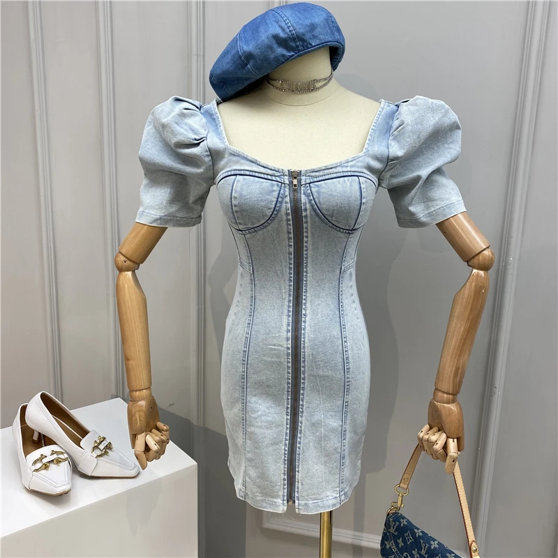 Женское джинсовое платье [EWQ] облегающее винтажное с квадратным вырезом и пышными