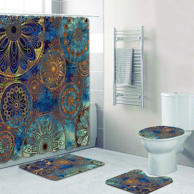 

Stylish Gold Blue Purple Mandala Shower Curtain Set Abstract Floral Damask Bathroom Curtains Bath Mat Rug Meditation Spa Decor