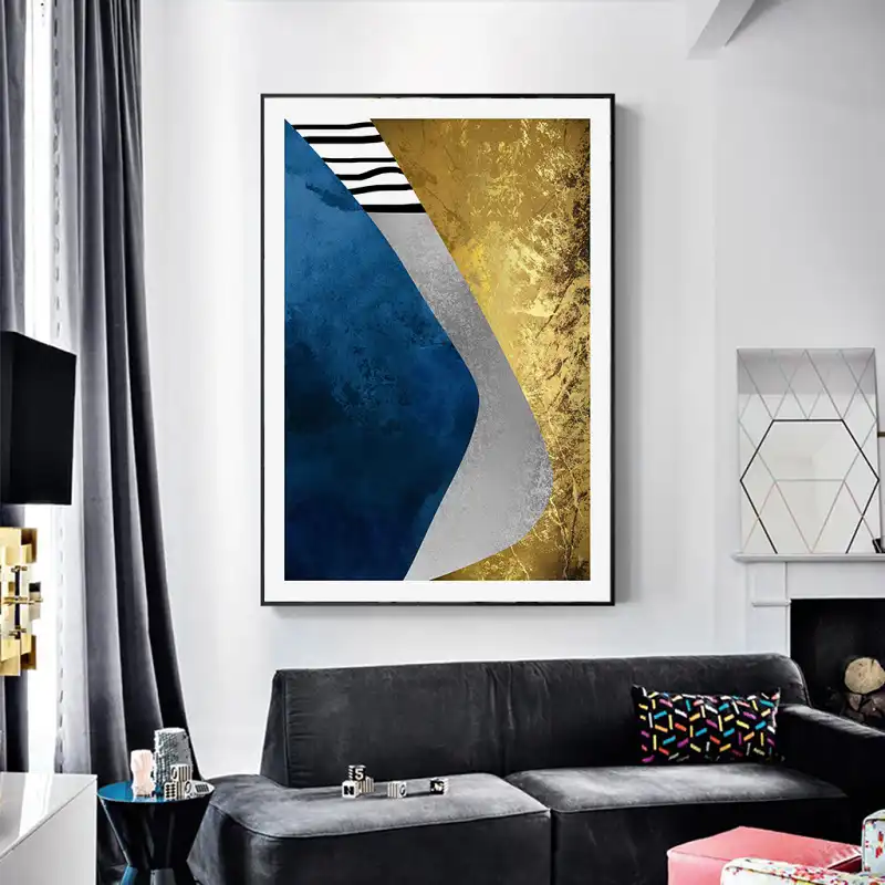 Moderno Abstracto Azul Y Dorado Luna Pintura De La Geometria De La