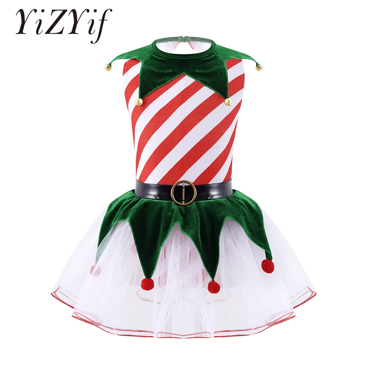 

Girls Christmas Elf Dress Red Stripes Xmas Cosplay Fancy Party Dress Up Kids Ballet Dance Leotard Tutu Dress