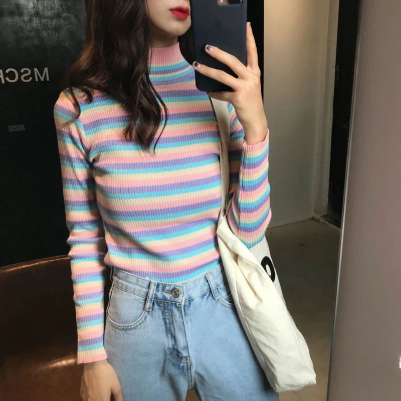 Autumn Rainbow Striped sweater women half Turtleneck long sleeve pullovers Korean knitted T-shirt pull femme jumper
Autumn Rainbow Striped sweater women half Turtleneck long sleeve pullovers Korean knitted T-shirt pull femme jumper