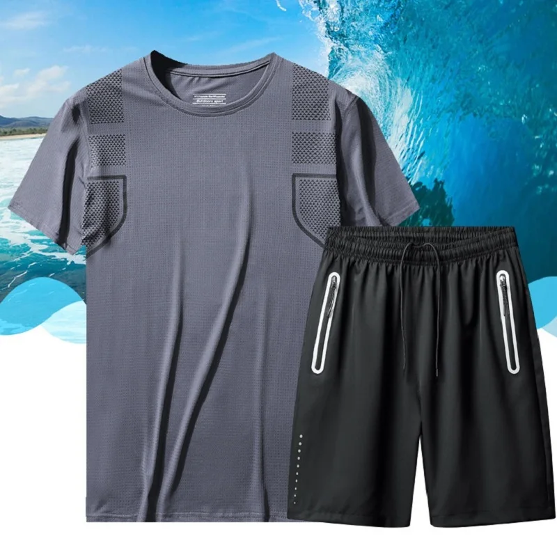 Спортивная одежда с коротким рукавом, мужская спортивная футболка + шорты, одежда для бега большого размера, комплект из двух предметов, летний костюм с логотипом 
Спортивная одежда с коротким рукавом, мужская спортивная футболка + шорты, одежда для бега большого размера, комплект из двух предметов, летний костюм с логотипом