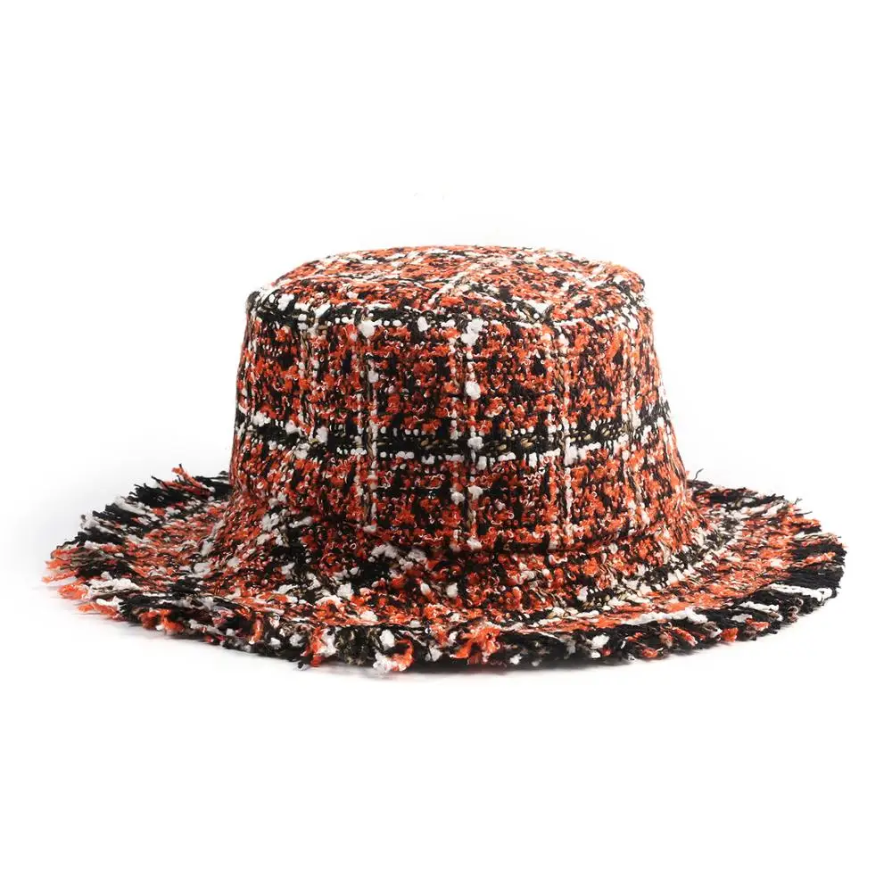 

Women Plaid Tweed Bucket Hat Mini Sequins Winter Hat Orange Fisherman Hat Girls Black Red Checks Bucket Hat with Raw Edges