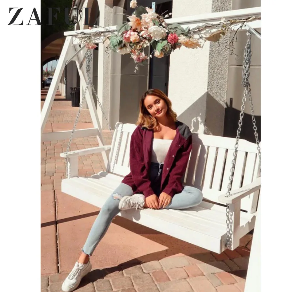 

ZAFUL X Alexis Ricecakes Snap Button Contrast Corduroy Hooded Jacket Dual Pockets Hooded Women Patchwork Jacket Streetwear 2019