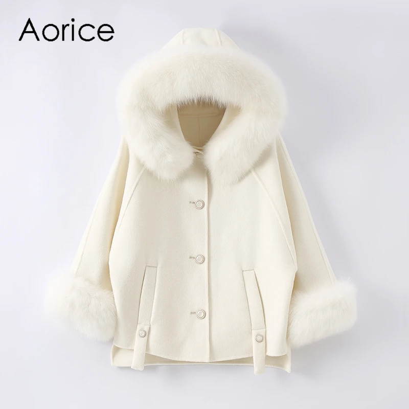 

Aorice Women Winter Wool Blends Coat Jacket 2021 New Femail Girl Real Fox Fur Hood Coats Parka Trench Z21160