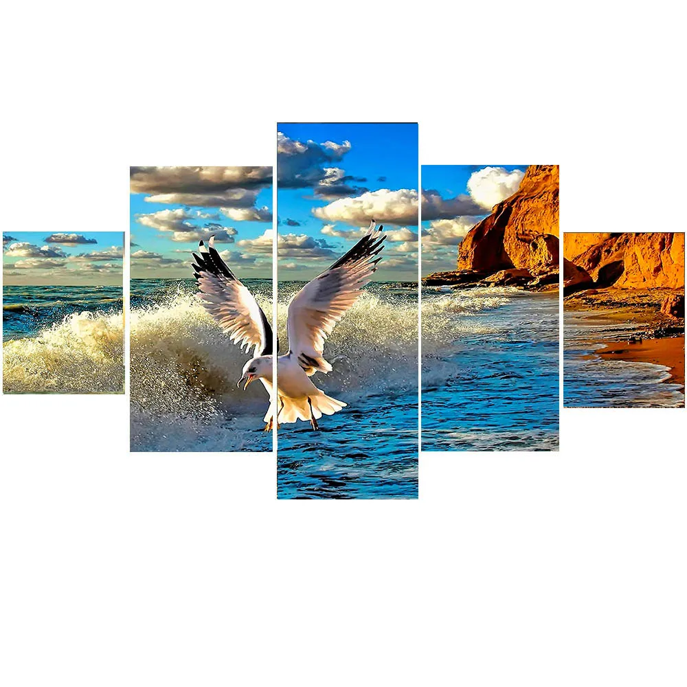

No Framed Canvas 5 Pieces Blue Sky Seagull Seascape Wall Art Posters Pictures Home Decor Paintings for Living Room Decorations
