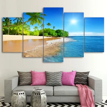 

5 Pieces Sea Water Palm Trees Sunshine Wall Art Decor Living Room Framework Seascape Paintings Canvas Pictures HD Prints