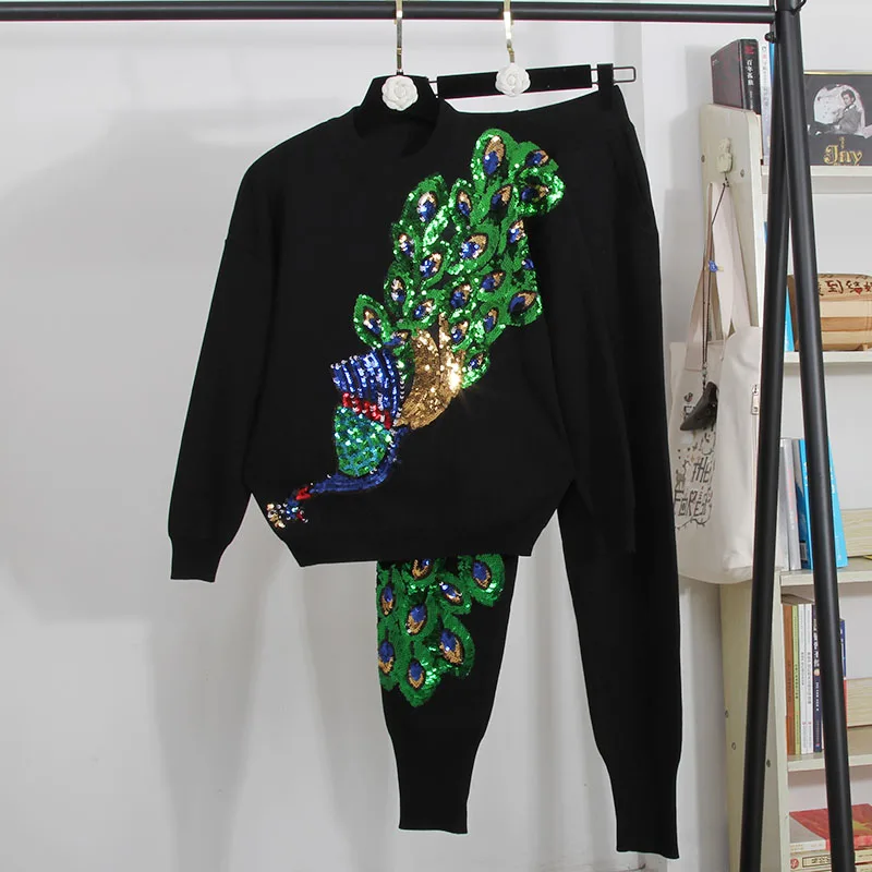 Knitted Tracksuit Set Women Handwork Peacock Sequins Sweater Long Pants 2pc Female Loose Casual Black Knitting Two Piece Outfits
Knitted Tracksuit Set Women Handwork Peacock Sequins Sweater Long Pants 2pc Female Loose Casual Black Knitting Two Piece Outfits