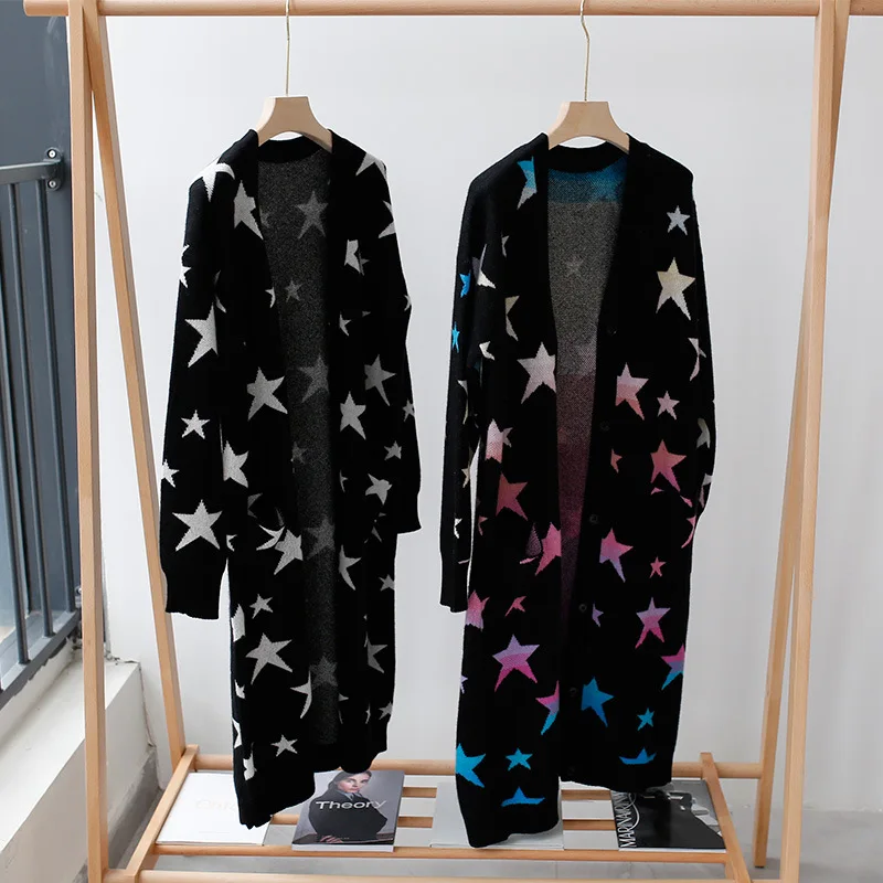 2019 Autumn and Winter Women Sweater Double Pocket Star Pattern Cardigan Sweater Women's Pure Cashmere Long Coat
2019 Autumn and Winter Women Sweater Double Pocket Star Pattern Cardigan Sweater Women's Pure Cashmere Long Coat