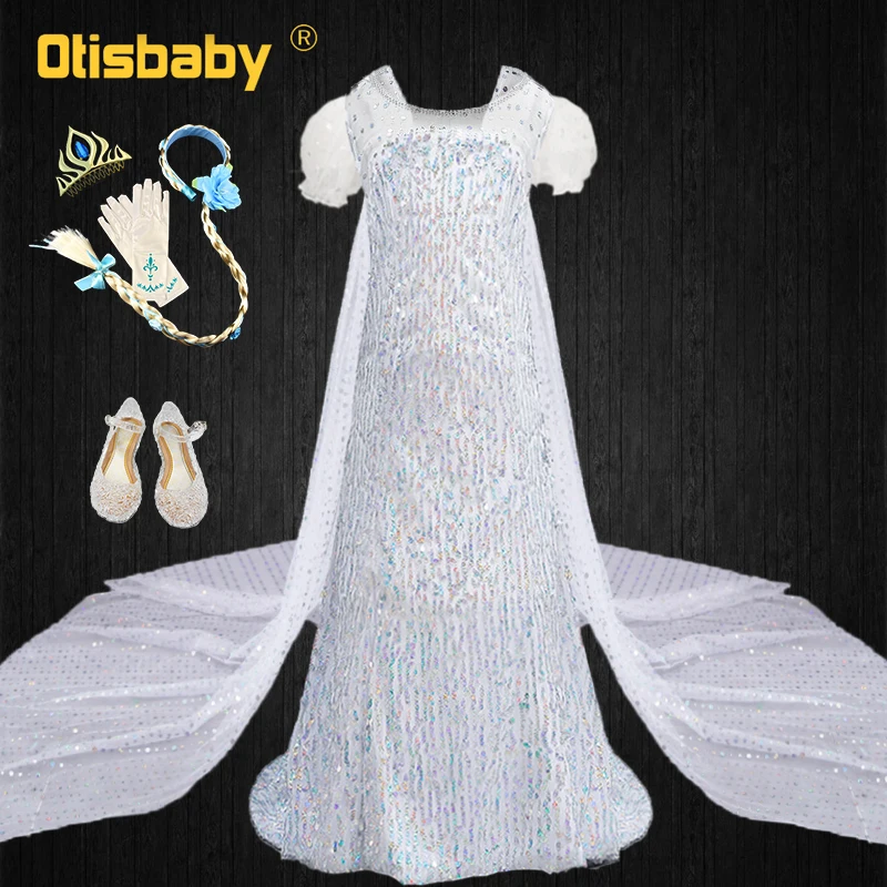 Нарядное платье принцессы с блестками для девочек Снежной королевы одежда elza
