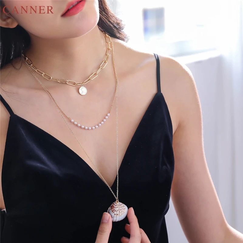 

CANNER Bohemian Layered Necklace Women Metal Geometric Coin Shell Necklaces Pendants Gold Chains Collar Jewelry Gift Collier C40