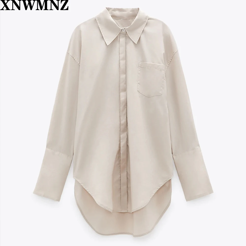 

XNWMNZ Za women Casual Collared shirt long sleeves Lady Autumn Blouses Female Loose asymmetric hem Tops Blusas Pockets