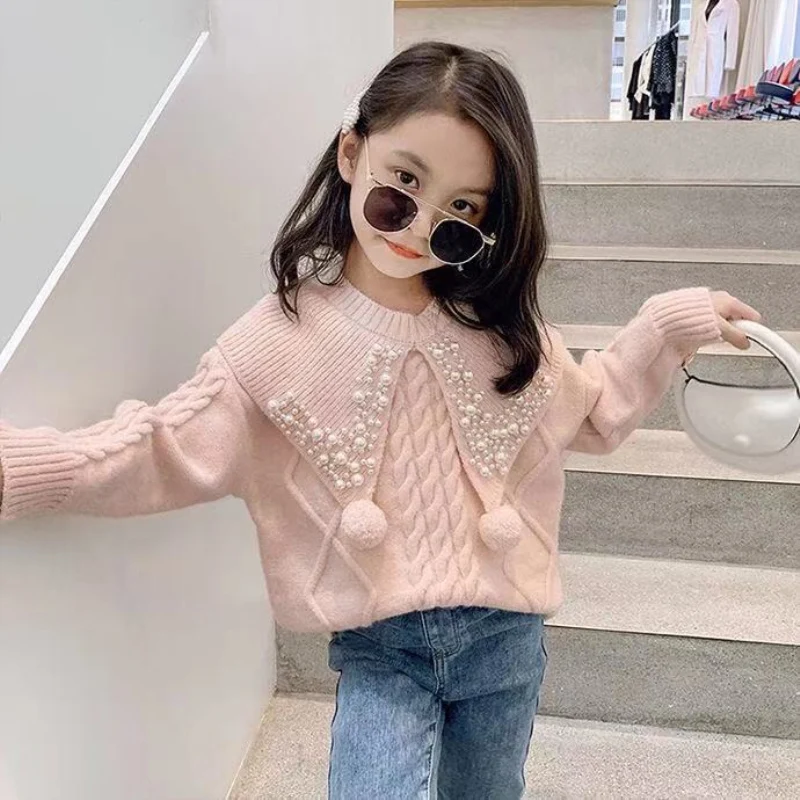 

New Girls Sweater Baby's Coat Outwear 2021 Beading Thicken Warm Warm Winter Autumn Knitting Pullover Children's Clothing