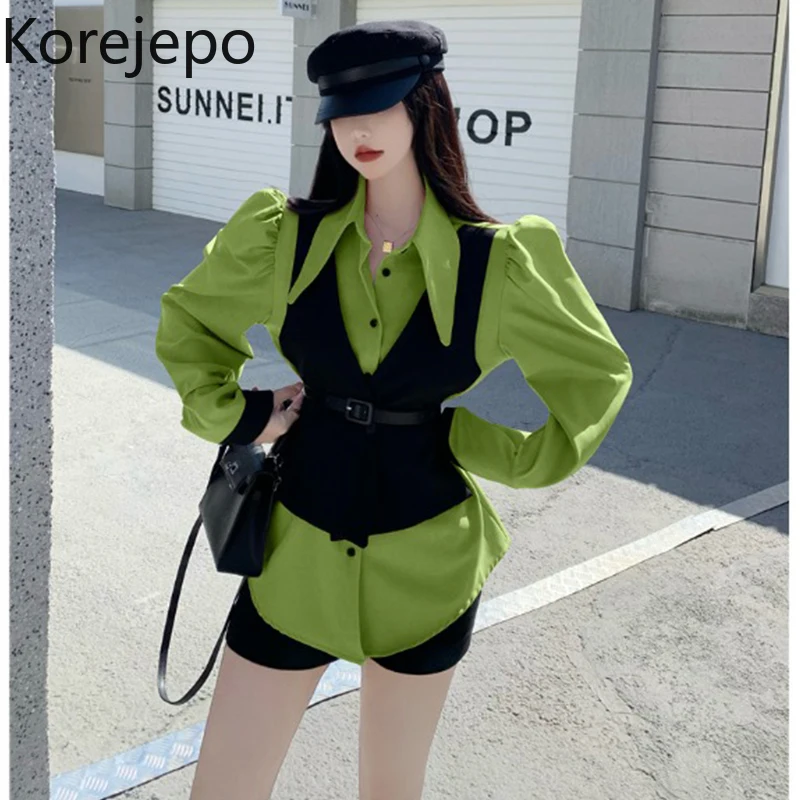 Korejepo Fake Two-piece Shirt Women Spring and Antumn 2022 New Retro Loose Medium Long Sleeve Temperament Lapel Top | Женская одежда