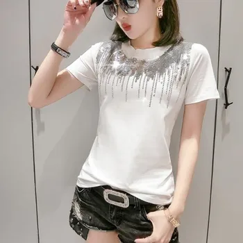 Black women's sequin loose cotton t-shirts female short-sleeved sequined tshirt 2020 summer new plus size xxl woman tops tee 
Black women's sequin loose cotton t-shirts female short-sleeved sequined tshirt 2020 summer new plus size xxl woman tops tee