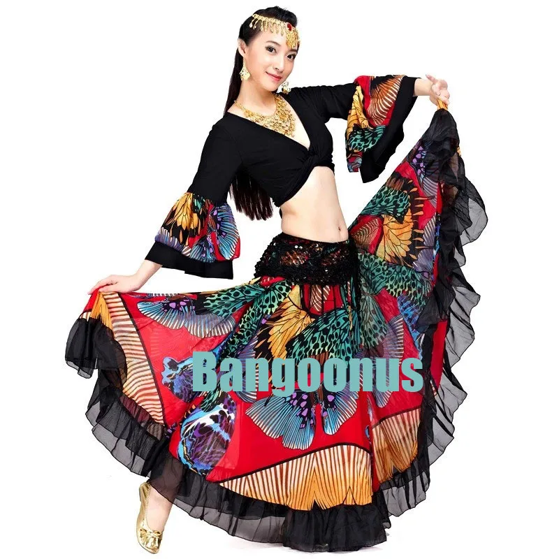 

New Bellydance Outfit 720 Degree Flower Printed Gypsy Skirt Belly Dance Tribal Clothing Belly Dance Costume Flamenco Clothes