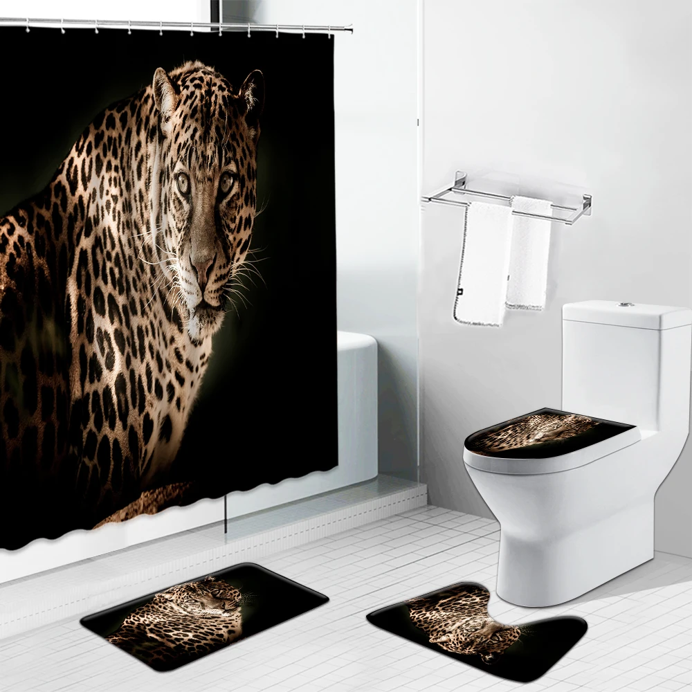 

Africa Animal Leopard Shower Curtains Tiger Lion Giraffe Print Bathroom Curtain Set Non-Slip Carpet Toilet Cover Rug Kitchen Mat