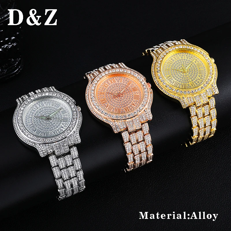 Фото D&ampZ Luxury Full Zircon Date Quartz Wristwatch Mens Iced Out Bling CZ Relogio Masculino For Hipster Hip Hop Accessories | Наручные часы