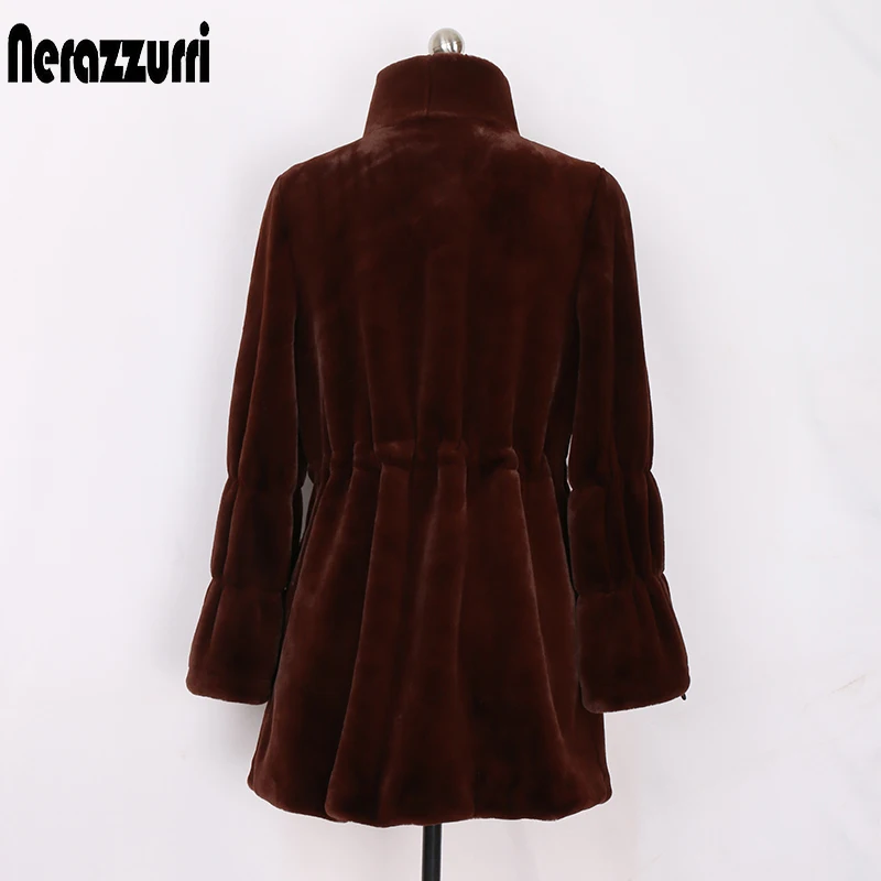 Фото Nerazzurri Winter faux fur coat women long sleeve stand collar Fluffy warm thick fake coats for Plus size fashion 2020 | Женская одежда