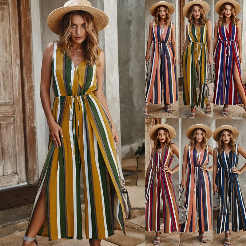 Women Split Spaghetti Strap V-neck Striped Jumpsuit Summer Female High Waist Wide Leg Rompers Streetwear Overalls with Sashes
Women Split Spaghetti Strap V-neck Striped Jumpsuit Summer Female High Waist Wide Leg Rompers Streetwear Overalls with Sashes