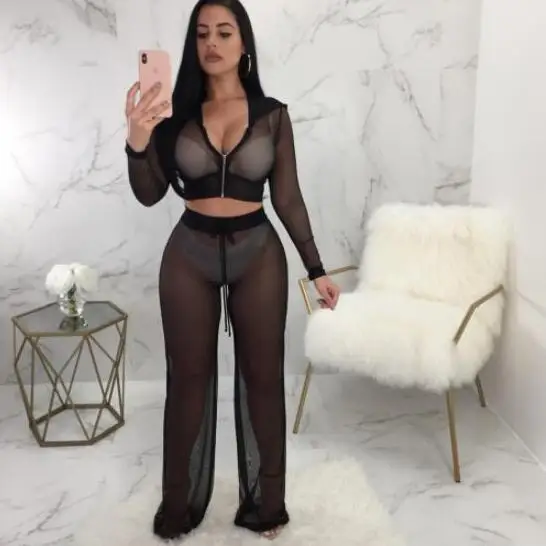 Mesh Tracksuit Women Sexy 2 Piece Set Top And Pants Club Wear 2019 Sets White Harajuku Sweat Suits WF447 | Женская одежда