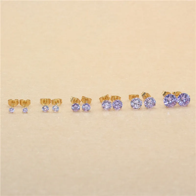 

Size 3mm to 8mm 316L Stainless Steel Light Purple Color Round Zircon Stud Earrings No Fade Allergy Free Brief Jewelry