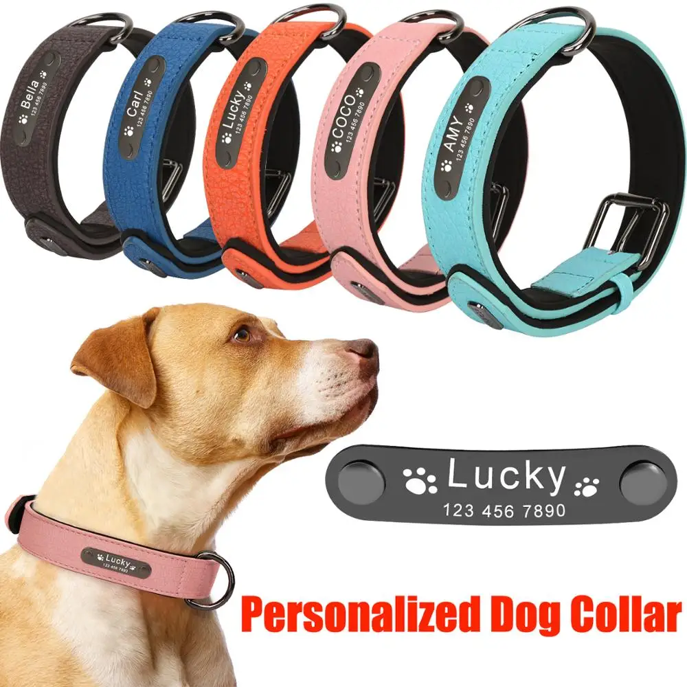 

Custom Large Big Dog Collar Leather Personalized Small Collar for Dogs ID Tag Engraved Name Leather Dog Collar French Bulldog