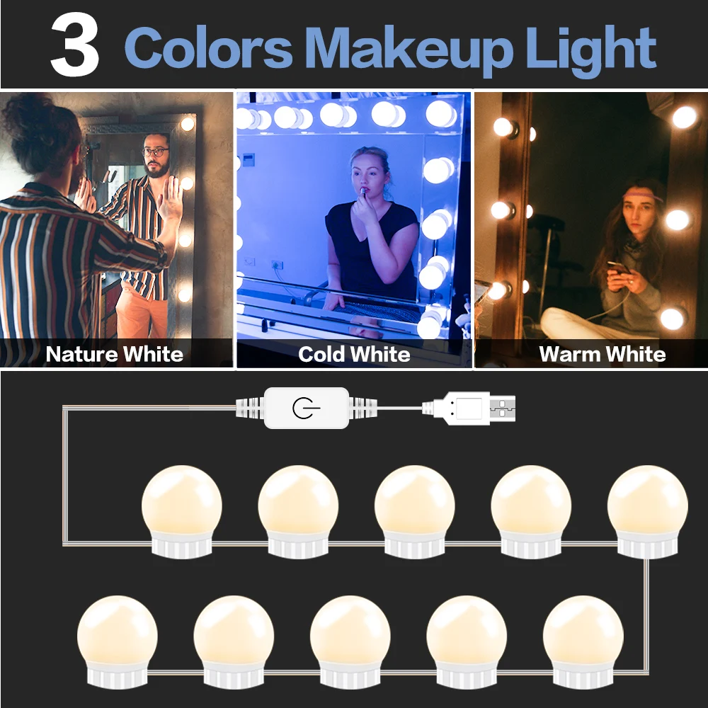 3-Color Mode Touch Dimmable Makeup Vanity Light String Led Dressing Table Mirror Wall lamp USB 12V Bathroom Bedroom Mirror Bulb
3-Color Mode Touch Dimmable Makeup Vanity Light String Led Dressing Table Mirror Wall lamp USB 12V Bathroom Bedroom Mirror Bulb