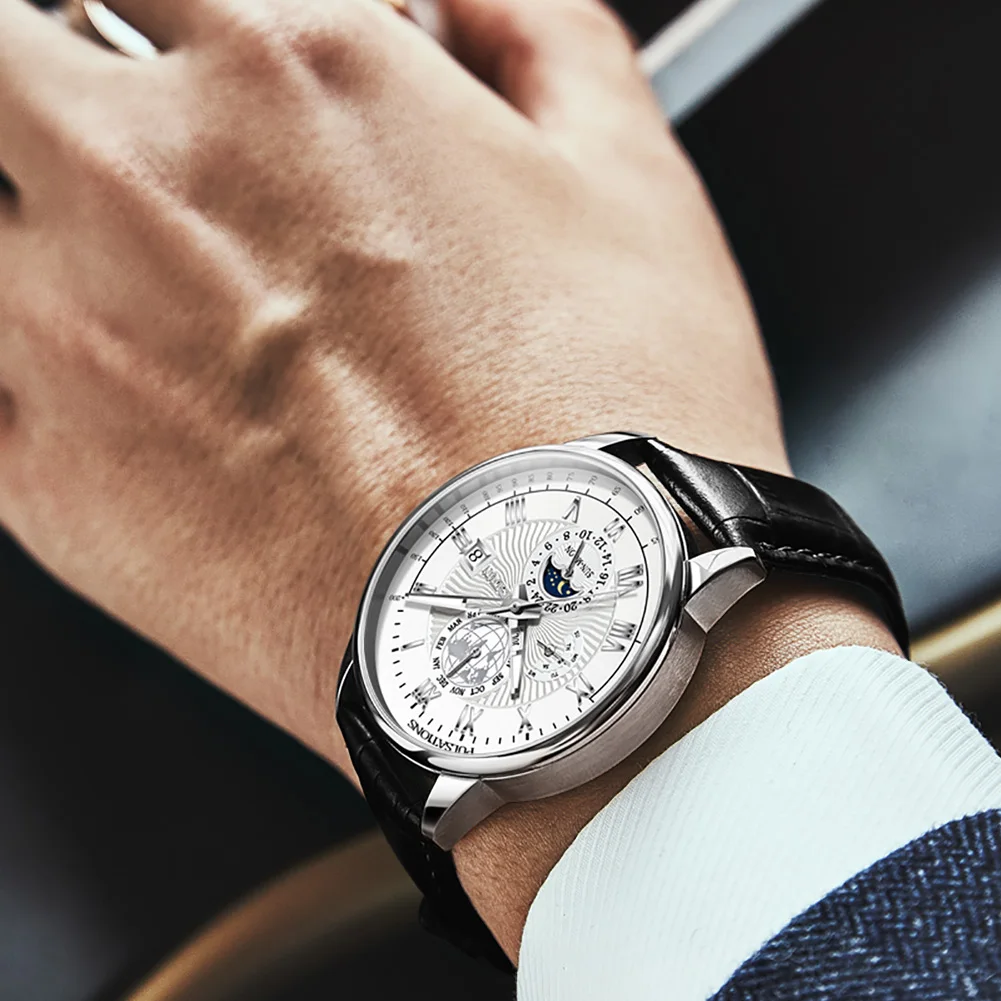 JSDUN – montre-bracelet en cuir pour hommes, marque de luxe, automatique, mécanique, étanche, horloge 4