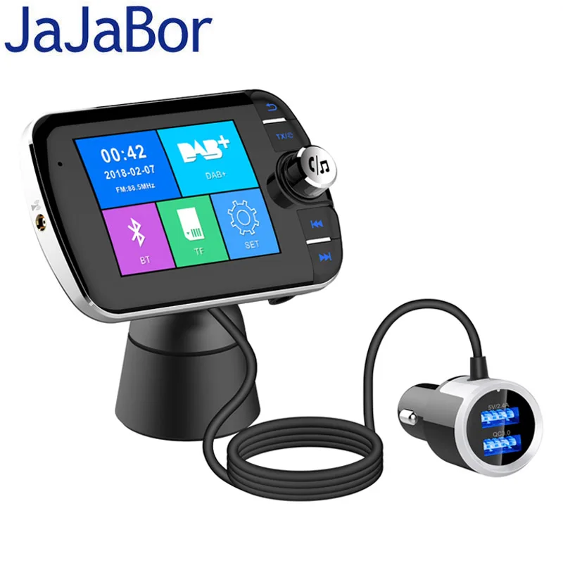 

JaJaBor Car Radio Receiver FM Transmitter DAB Digital Audio Broadcasting Bluetooth Handsfree With Antenna QC3.0 USB Charger