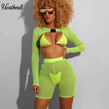 Sexy Solid See Through Mesh 4 Piece Set Women Summer Party Club Neon Color Outfits Beach Vacations Backless Tight Four Piece Set
Sexy Solid See Through Mesh 4 Piece Set Women Summer Party Club Neon Color Outfits Beach Vacations Backless Tight Four Piece Set