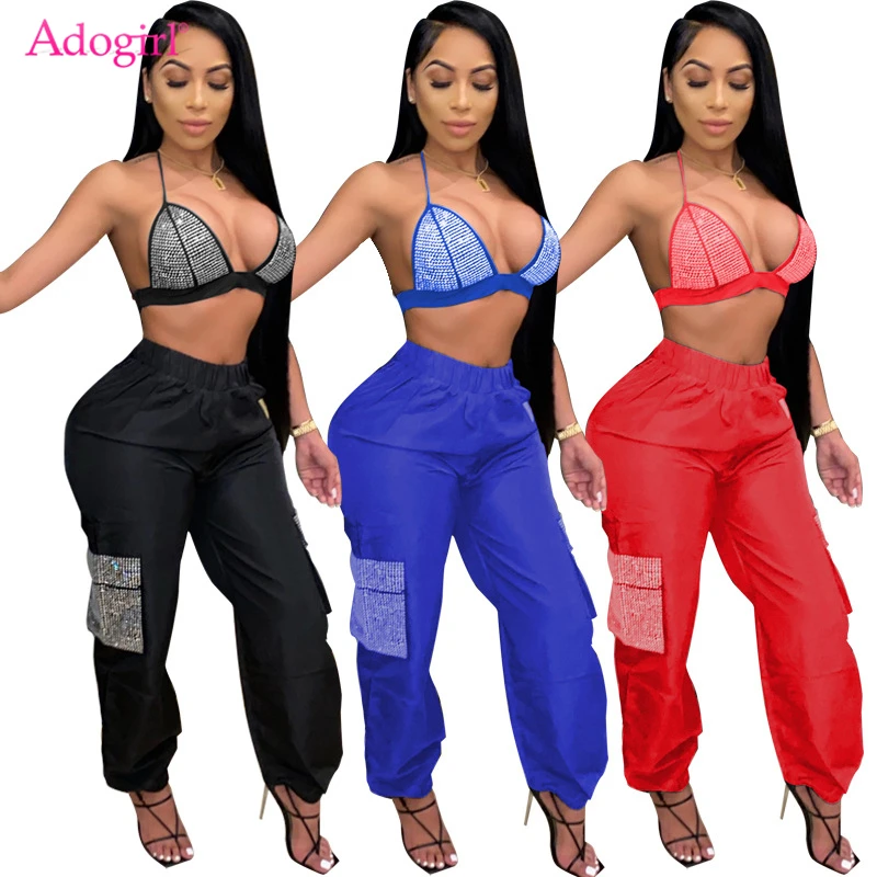 Adogirl Women Sexy Diamonds Two Piece Set Bra Top Side Pockets Elastic Waist cargo Sweat Pants Fashion Suits Night Club Clothing |