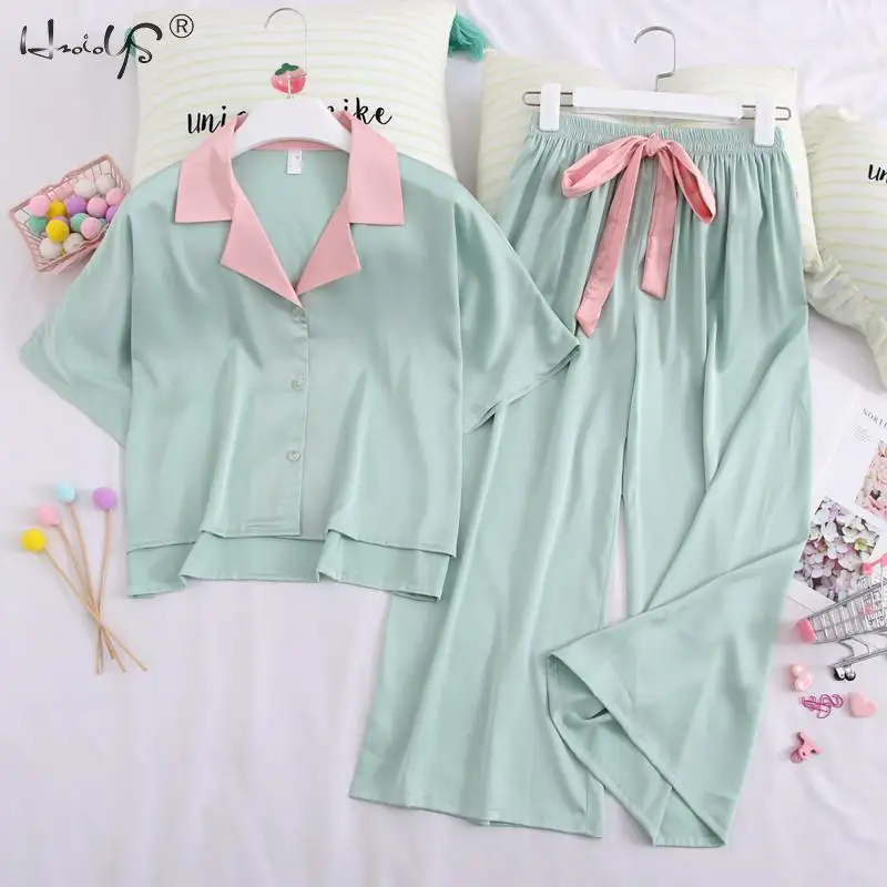 Faux Silk Female Pajamas Sets Summer Homewear For Women Casual Turn-down Collar Short Sleeve Long Pants Sleepwear
Faux Silk Female Pajamas Sets Summer Homewear For Women Casual Turn-down Collar Short Sleeve Long Pants Sleepwear