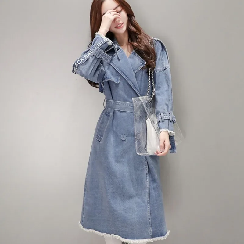 Фото Корейские модные женские длинные джинсовые пальто весна осень двубортный тонкий