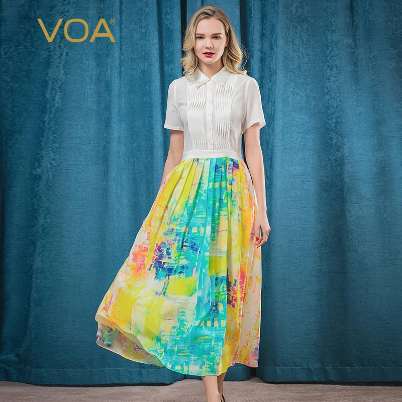 VOA Europe fresh color mosaic embroidery silk dress female short sleeved long skirt pendulum slim A6860
VOA Europe fresh color mosaic embroidery silk dress female short sleeved long skirt pendulum slim A6860